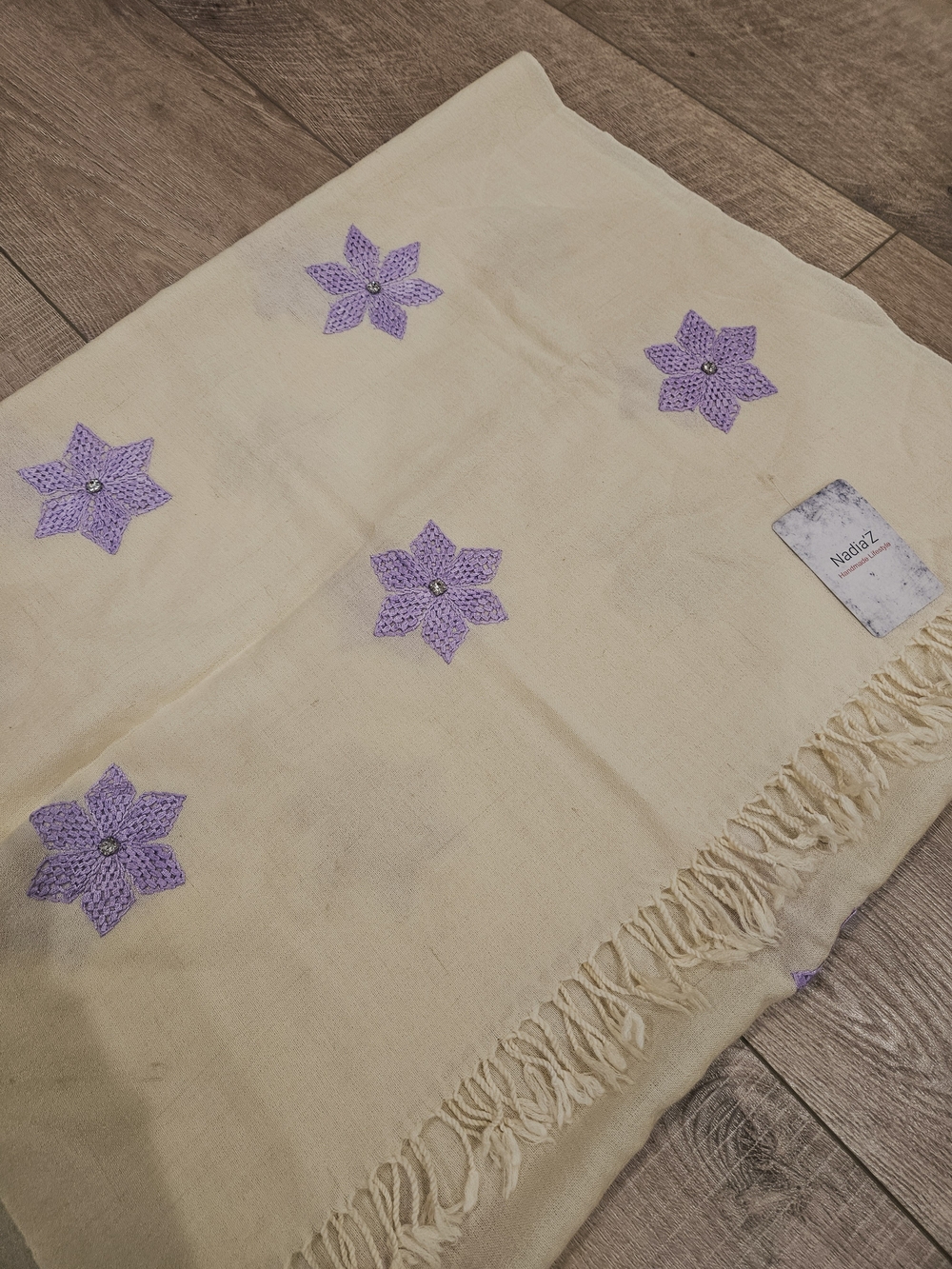 Nadia'Z Handmade Cream Scarf Purple Crochet Flowers Rhinestone Fringe Wrap
